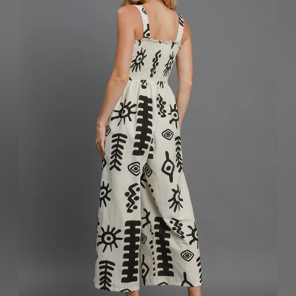Smocked Square-Neck Wide-Leg Jumpsuit in Black & Cream - Picture 3 of 3